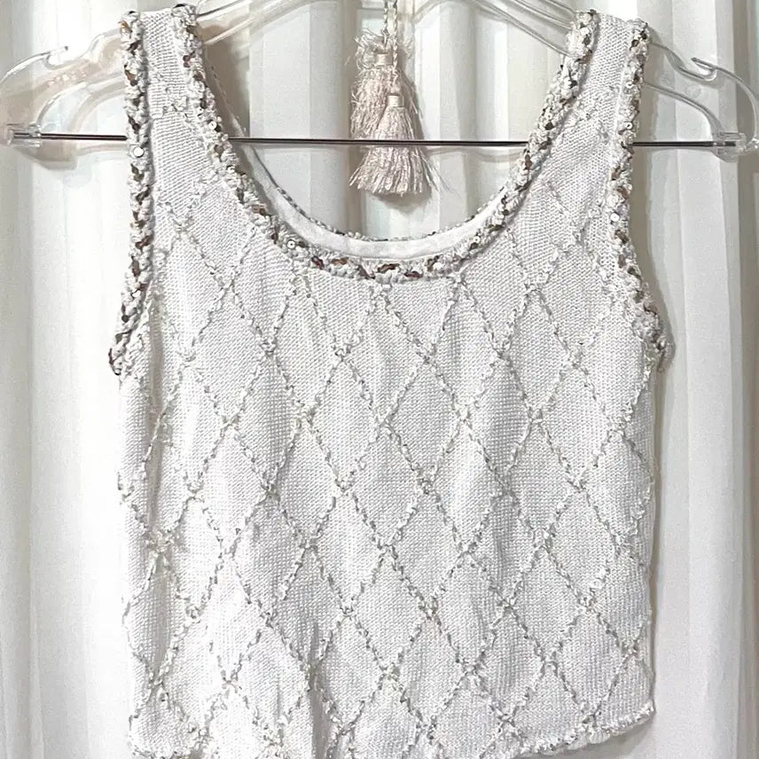 [BUNJANG] White Ivory Beaded Knit Cardigan and Tank Top Set / (새상품) 화이트아이보리 비즈 장식 나시 가디건 니트 세트 44-55
