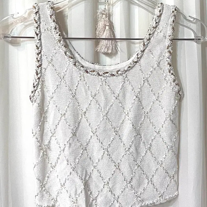 [BUNJANG] White Ivory Beaded Knit Cardigan and Tank Top Set / (새상품) 화이트아이보리 비즈 장식 나시 가디건 니트 세트 44-55