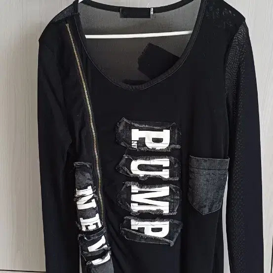[BUNJANG] Black See-Through Long T-Shirt PUMP Printing / 블랙 시스루 롱티셔츠 PUMP 프린팅