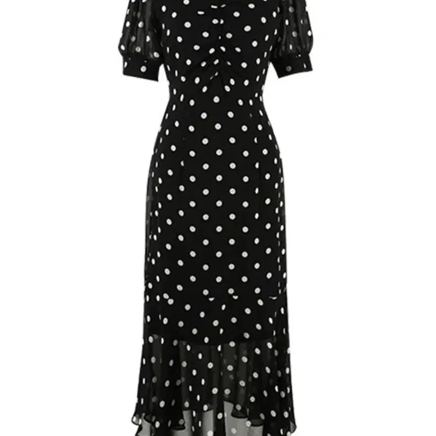 [BUNJANG] Black Dot V-Neck Puff Sleeve Long Dress / 블랙 도트 브이넥 퍼프 반팔 롱 원피스