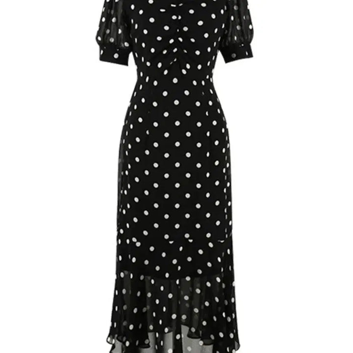 [BUNJANG] Black Dot V-Neck Puff Sleeve Long Dress / 블랙 도트 브이넥 퍼프 반팔 롱 원피스