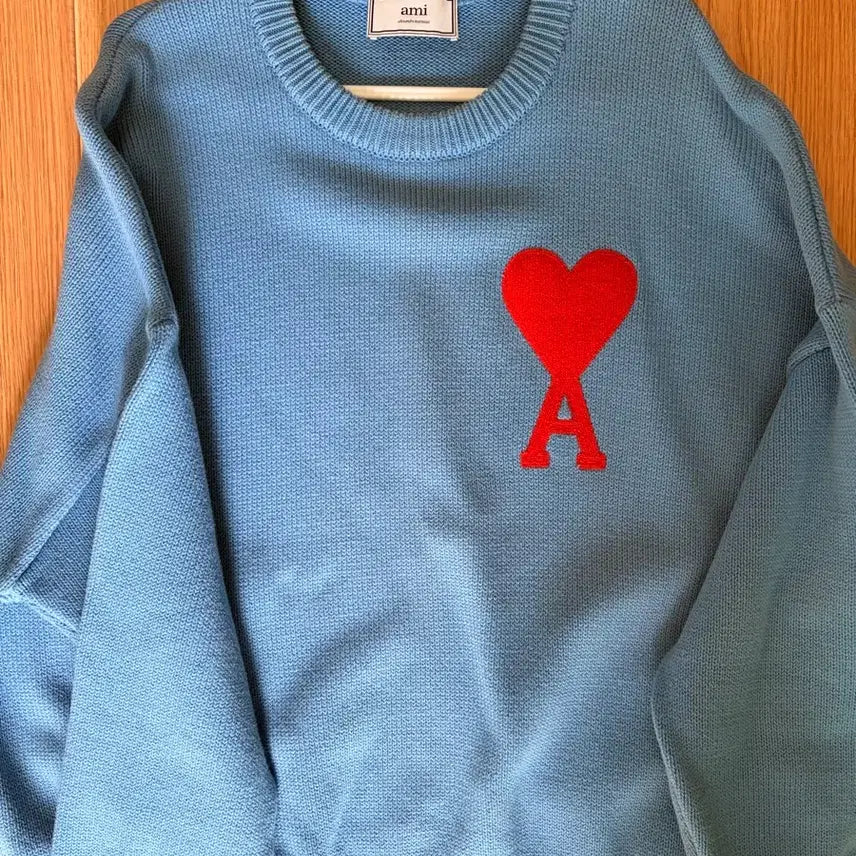 [BUNJANG] AMI Sky Blue Heart Logo Knit / 아미 스카이 블루 하트 로고 니트