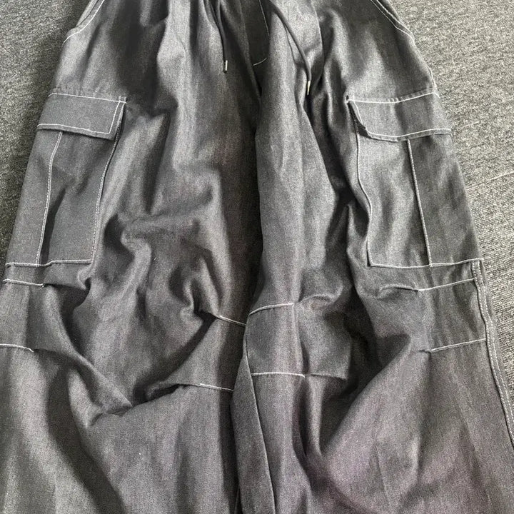 [BUNJANG] Black Denim Cargo Pants / 흑청 데님 카고 밴딩 바지(배송비 포함)
