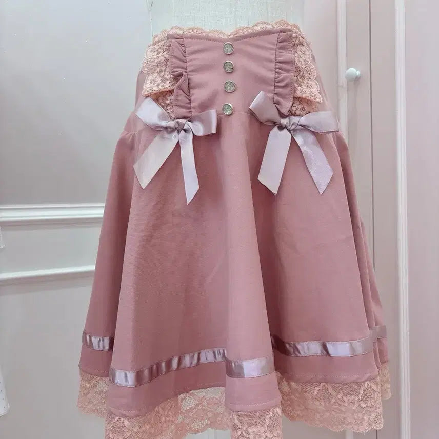[BUNJANG] Vintage Ribbon Lace Pink Skirt / 7번/리본 레이스 스커트/일본빈티지