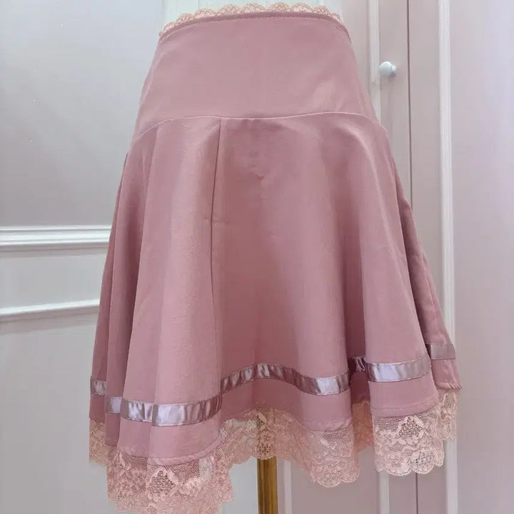 [BUNJANG] Vintage Ribbon Lace Pink Skirt / 7번/리본 레이스 스커트/일본빈티지