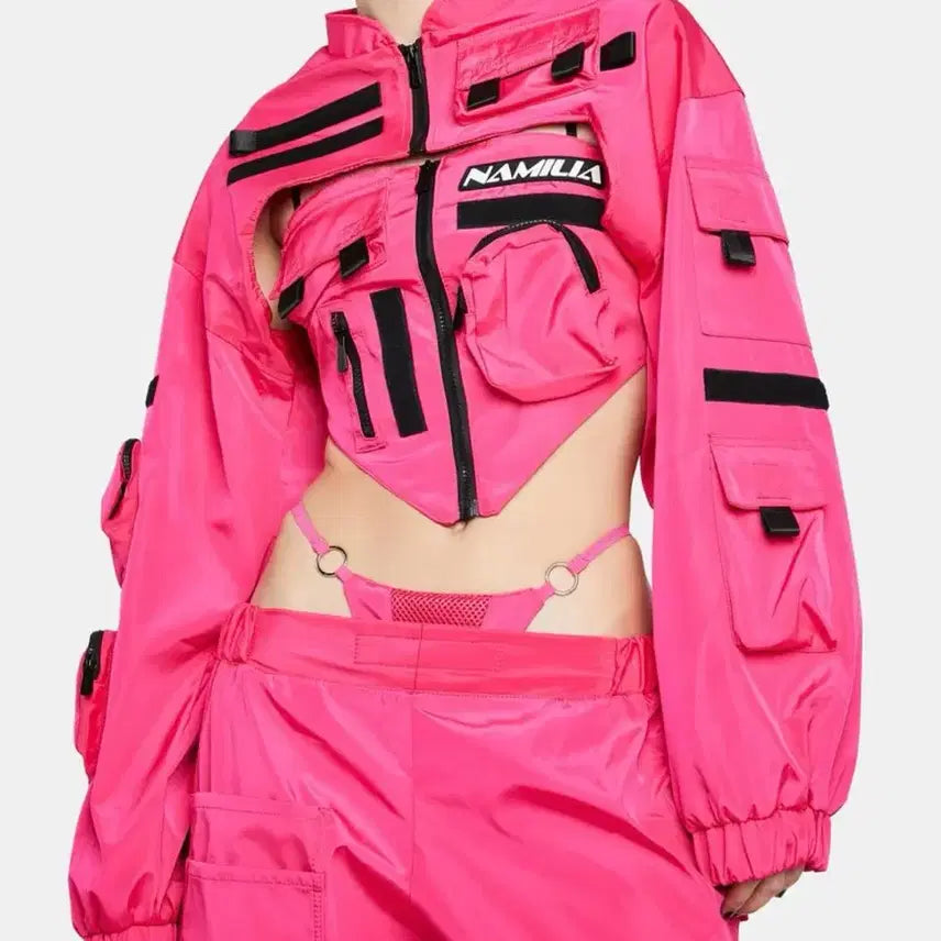 [SOLD OUT] NAMILIA 네온 핑크 봄버 초커 자켓