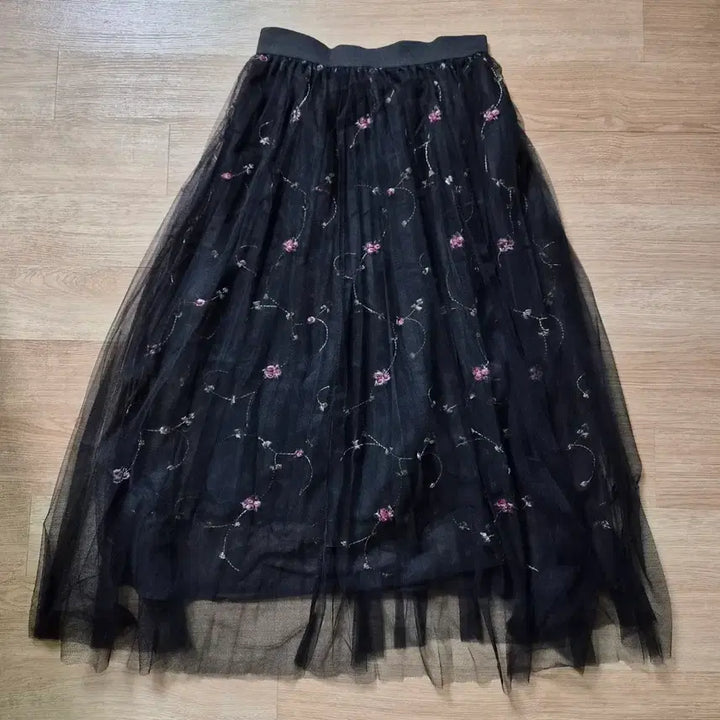 [BUNJANG] Black Mesh Floral Waistband Skirt / (새상품)망사 검정색 꽃 허리밴딩 치마 스커트(프리사이즈)