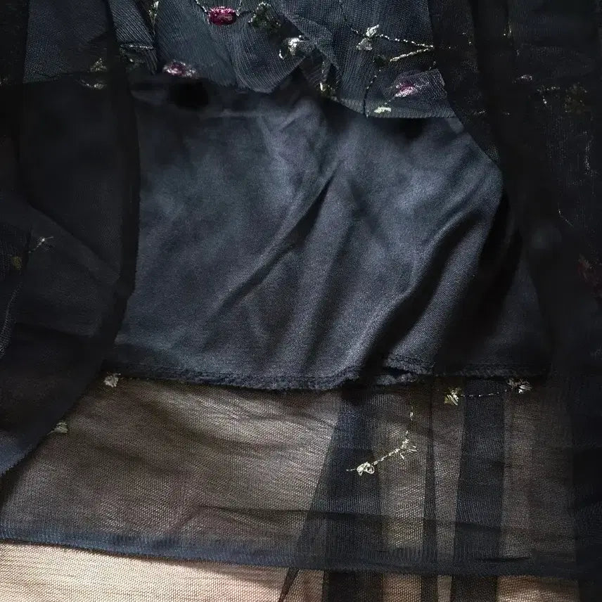 [BUNJANG] Black Mesh Floral Waistband Skirt / (새상품)망사 검정색 꽃 허리밴딩 치마 스커트(프리사이즈)