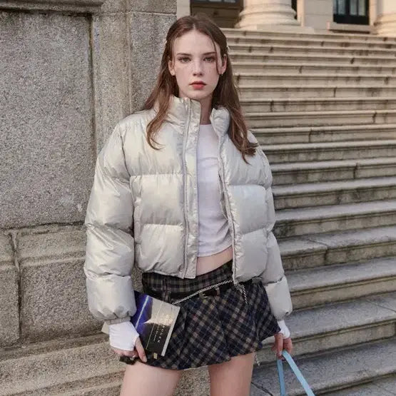 [BUNJANG] Bittercells Glossy Crop Puffer Jacket Silver / 비터셀즈 글로시 크롭 푸퍼 자켓 실버