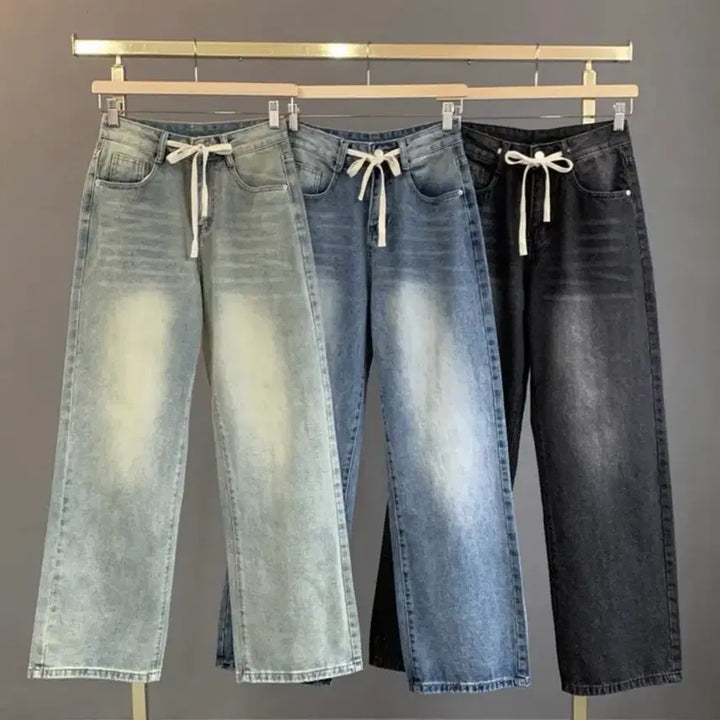 [BUNJANG] Vintage Wash String Straight Wide Denim Pants / 빈티지워싱 스트링 일자 와이드 데님팬츠