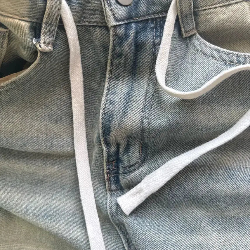 [BUNJANG] Vintage Wash String Straight Wide Denim Pants / 빈티지워싱 스트링 일자 와이드 데님팬츠