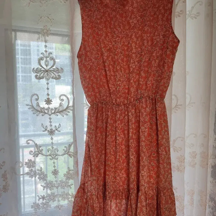 [BUNJANG] Orange Floral Chiffon Long Dress / 오렌지 플라워 쉬폰 롱 원피스