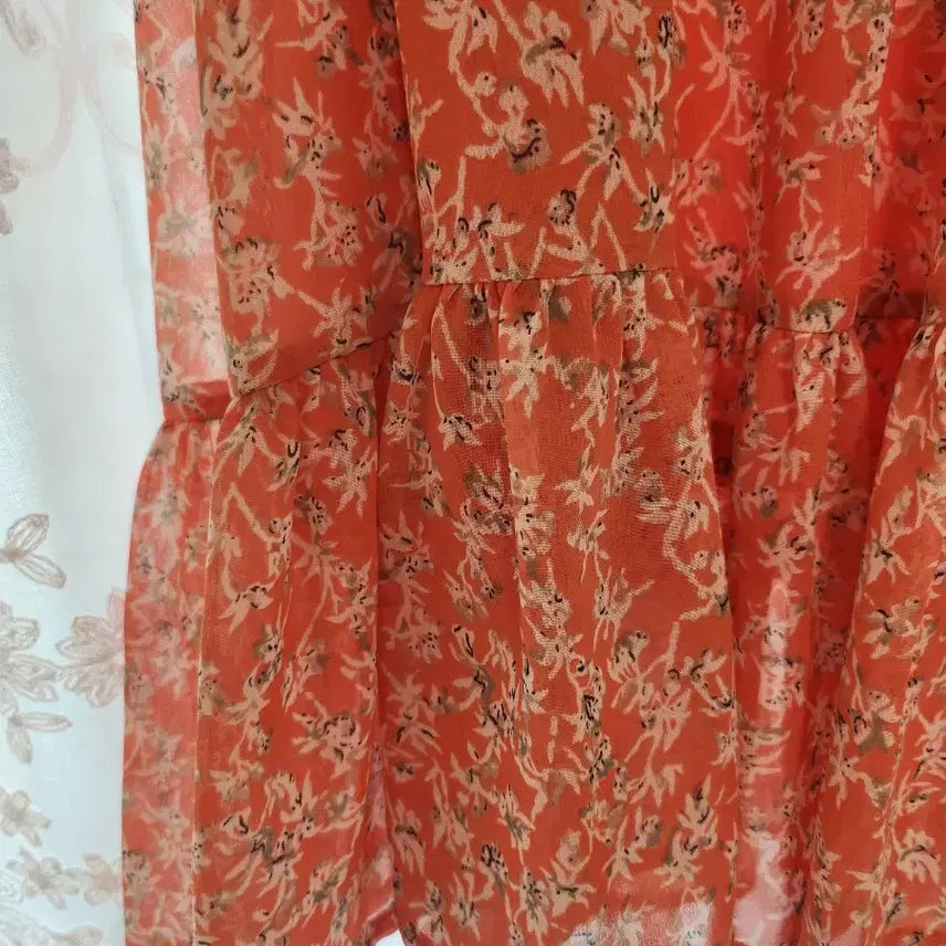[BUNJANG] Orange Floral Chiffon Long Dress / 오렌지 플라워 쉬폰 롱 원피스