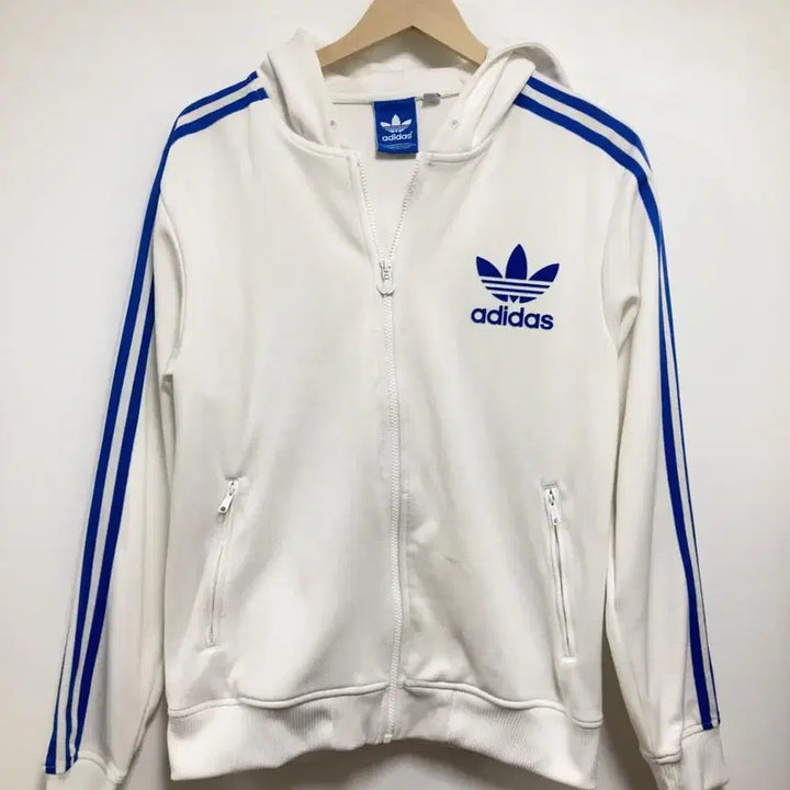 [BUNJANG] Adidas White Blue Hooded Zip-Up Jacket Jersey Track Top - Size M / 아디다스 화이트 블루 후드 집업 흰파 자켓 져지 트랙탑