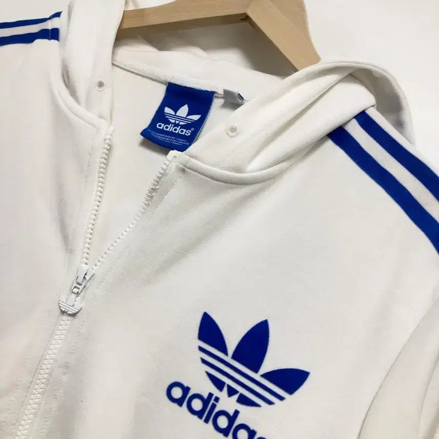 [BUNJANG] Adidas White Blue Hooded Zip-Up Jacket Jersey Track Top - Size M / 아디다스 화이트 블루 후드 집업 흰파 자켓 져지 트랙탑