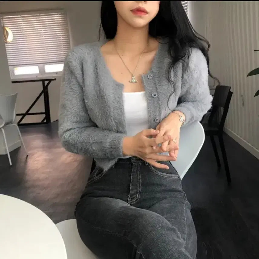 [BUNJANG] Angora Cropped Cardigan / 크롭 앙고라 가디건