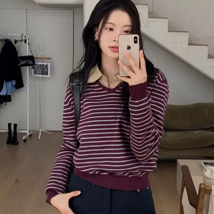 [BUNJANG] Edmore Weasley V-Neck Striped Knit Sweater / 새상품)에드모어 위즐리 브이넥 스트라이프 니트 버건디 그레이 free