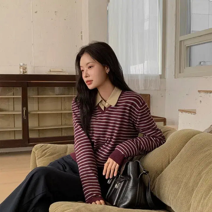 [BUNJANG] Edmore Weasley V-Neck Striped Knit Sweater / 새상품)에드모어 위즐리 브이넥 스트라이프 니트 버건디 그레이 free