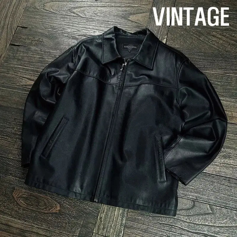 [BUNJANG] Vintage Real Sheepskin Leather Zip-Up Jacket Black / 빈티지 리얼 쉽스킨 양가죽 집업 레더 자켓 블랙 M20085