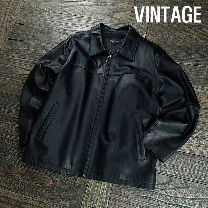 [BUNJANG] Vintage Real Sheepskin Leather Zip-Up Jacket Black / 빈티지 리얼 쉽스킨 양가죽 집업 레더 자켓 블랙 M20085