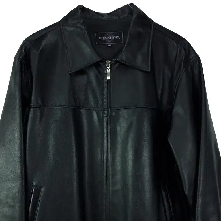 [BUNJANG] Vintage Real Sheepskin Leather Zip-Up Jacket Black / 빈티지 리얼 쉽스킨 양가죽 집업 레더 자켓 블랙 M20085