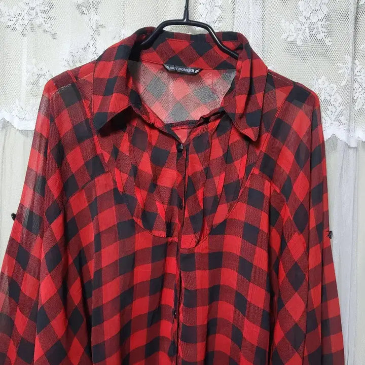 [BUNJANG] SKY BOMB Red Black Check Balloon Blouse / 스카이 봄버SKY BOMB 레드 블랙 체크 벌룬 블라우스