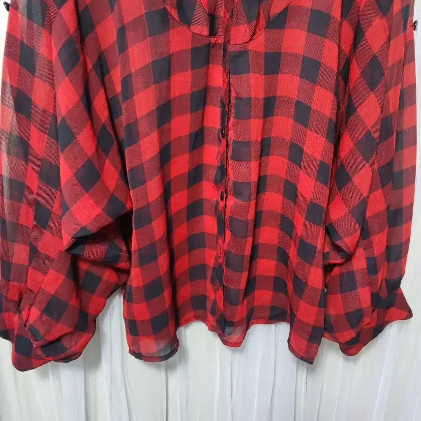 [BUNJANG] SKY BOMB Red Black Check Balloon Blouse / 스카이 봄버SKY BOMB 레드 블랙 체크 벌룬 블라우스
