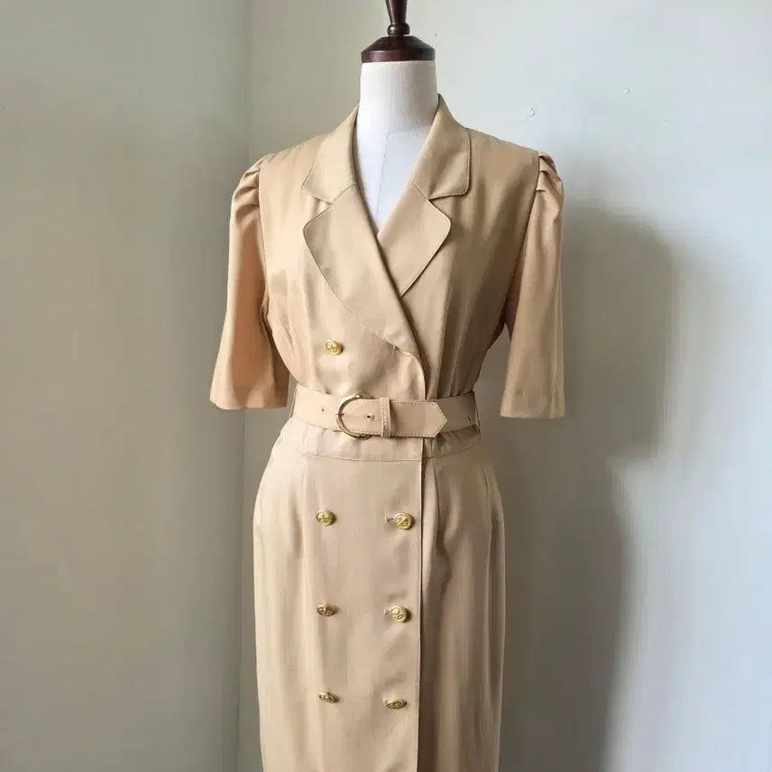 [BUNJANG] Leilian Beige Gold Button Belt Dress / Leilian 베이지 금장 더블 버튼 벨트 원피스