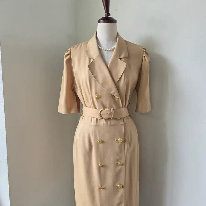 [BUNJANG] Leilian Beige Gold Button Belt Dress / Leilian 베이지 금장 더블 버튼 벨트 원피스
