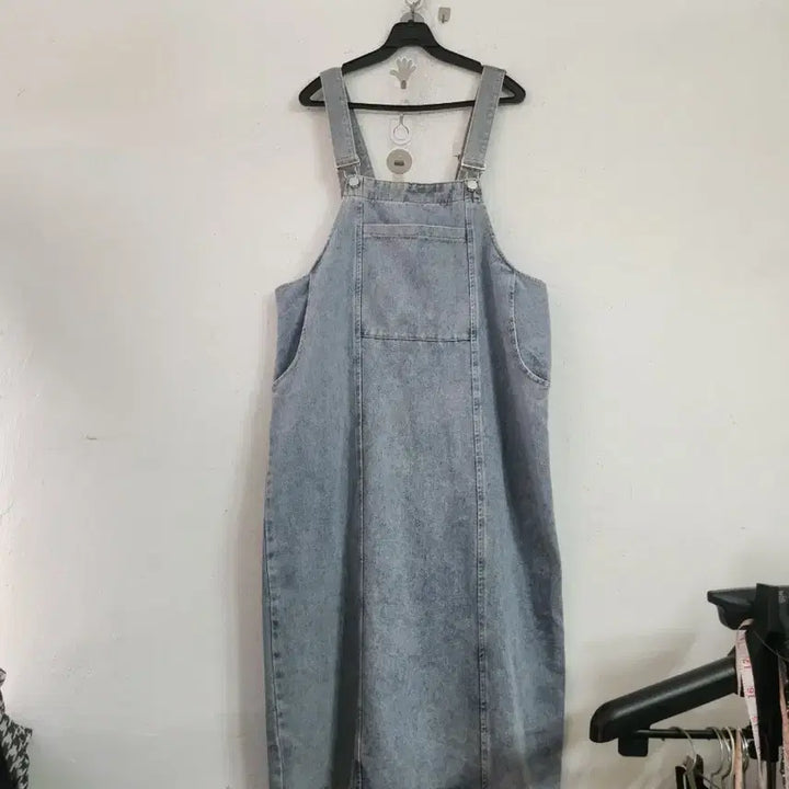 [BUNJANG] Wide Light Blue Denim Overall Dress / 와이드연청 데님 멜빵 원피스