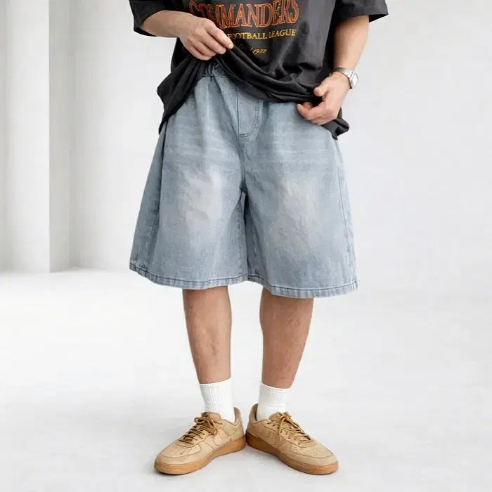 [BUNJANG] Unisex Side Pleat Denim Bermuda Shorts / 남자 사이드 핀턱 데님 버뮤다 팬츠 2컬러