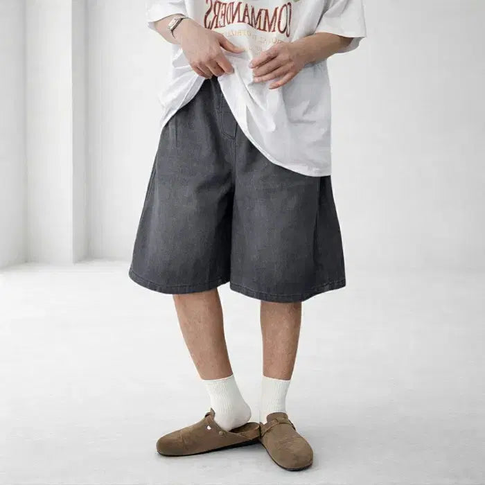 [BUNJANG] Unisex Side Pleat Denim Bermuda Shorts / 남자 사이드 핀턱 데님 버뮤다 팬츠 2컬러