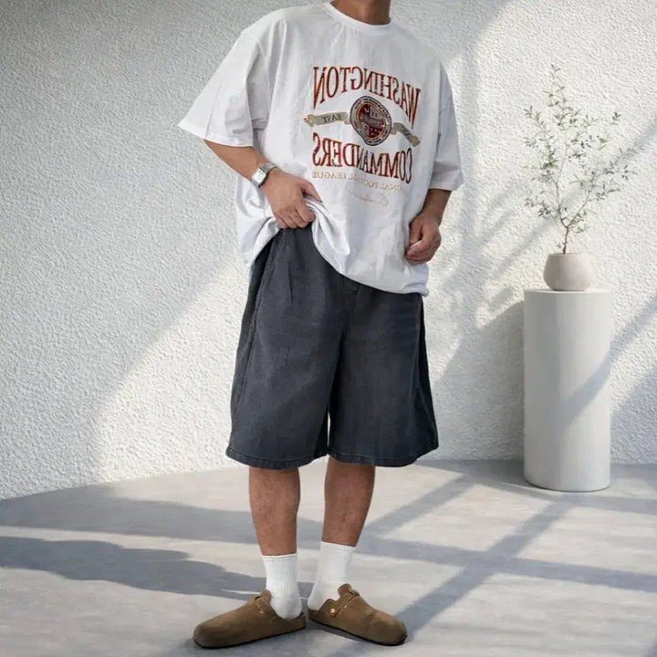 [BUNJANG] Unisex Side Pleat Denim Bermuda Shorts / 남자 사이드 핀턱 데님 버뮤다 팬츠 2컬러