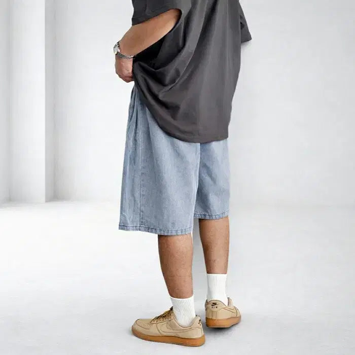 [BUNJANG] Unisex Side Pleat Denim Bermuda Shorts / 남자 사이드 핀턱 데님 버뮤다 팬츠 2컬러