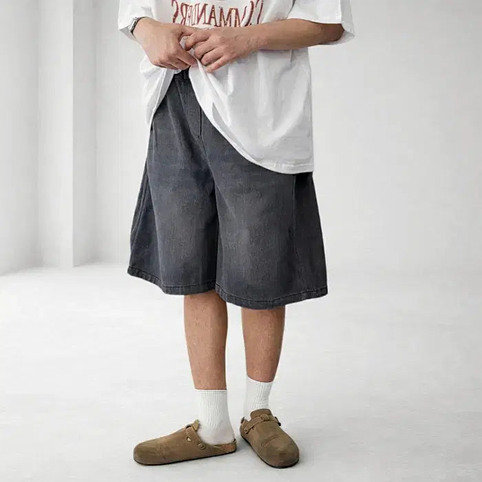 [BUNJANG] Unisex Side Pleat Denim Bermuda Shorts / 남자 사이드 핀턱 데님 버뮤다 팬츠 2컬러