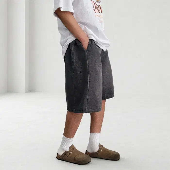 [BUNJANG] Unisex Side Pleat Denim Bermuda Shorts / 남자 사이드 핀턱 데님 버뮤다 팬츠 2컬러