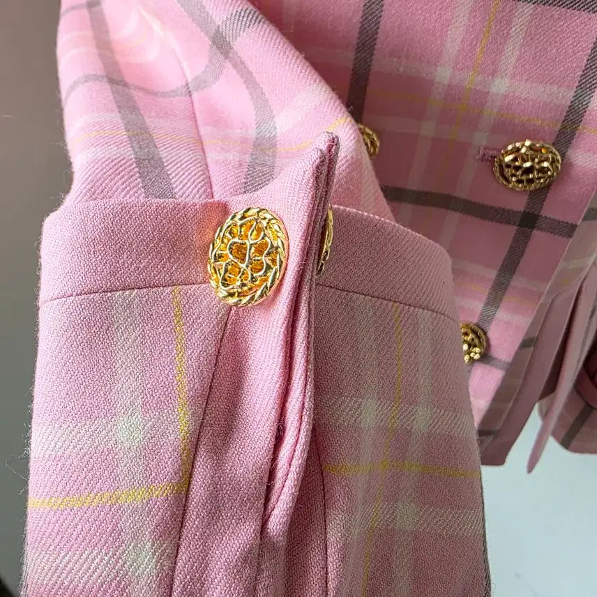 [BUNJANG] Pink Check Double Gold Button Jacket / 핑크 체크 더블 금장 버튼 자켓