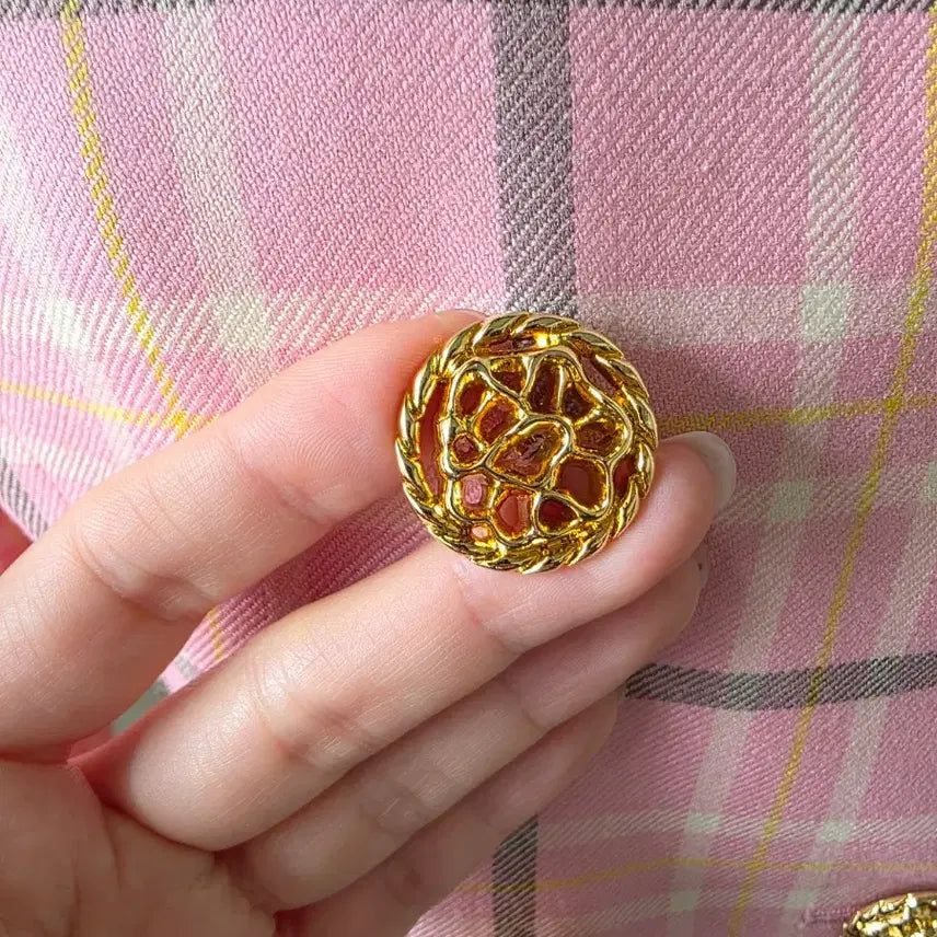 [BUNJANG] Pink Check Double Gold Button Jacket / 핑크 체크 더블 금장 버튼 자켓