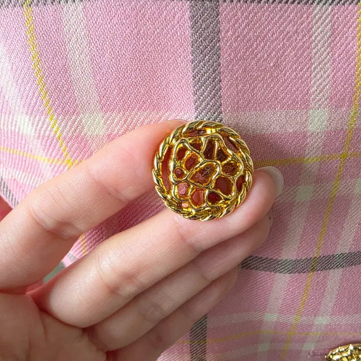 [BUNJANG] Pink Check Double Gold Button Jacket / 핑크 체크 더블 금장 버튼 자켓