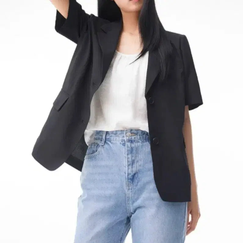 [BUNJANG] Basic Black Short-Sleeve Jacket / 새) 여름용 블랙 기본 반팔자켓 ( 프리)