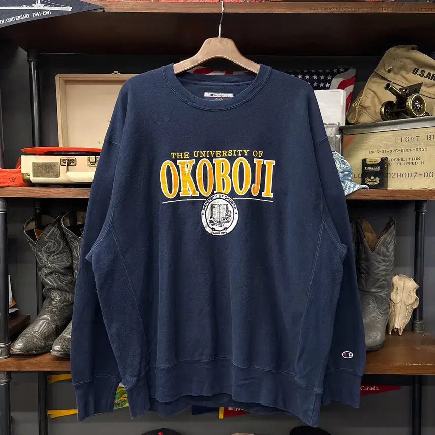 [BUNJANG] Champion OKOBJI University Spellout Embroidered Sweatshirt / 00s 챔피온 OKOBJI 유니버시티 스펠아웃 자수 스웻셔츠 N1221