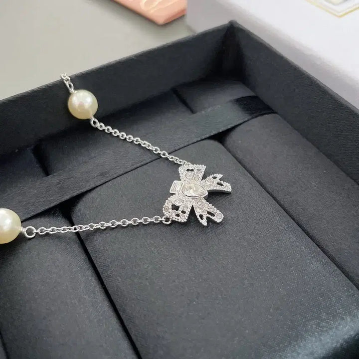 [BUNJANG] Miu Miu Ribbon Pearl Necklace Set / 미우미우 리본 진주 목걸이 풀세트