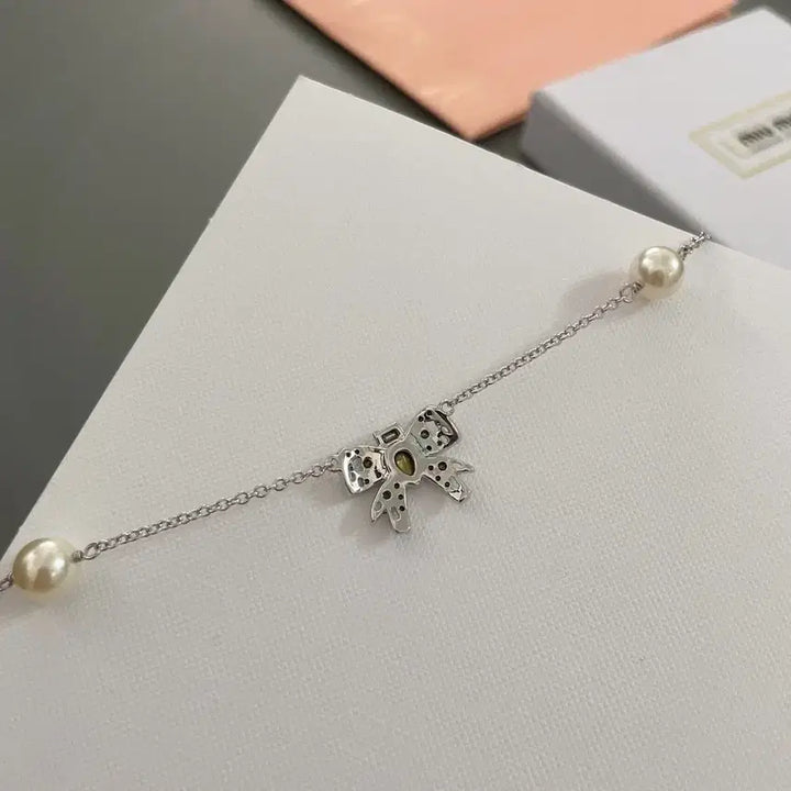 [BUNJANG] Miu Miu Ribbon Pearl Necklace Set / 미우미우 리본 진주 목걸이 풀세트