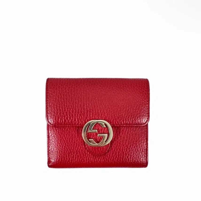 [BUNJANG] Gucci GG Interlocking Leather Flap Wallet / 구찌 여성 GG 인터로킹 금장 레더 플랩 반지갑 레드 615525