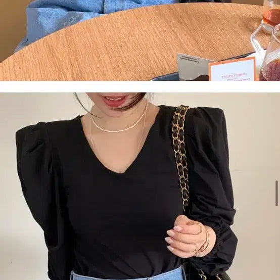 [BUNJANG] Vicinni V-Neck Ruffled Long Sleeve T-shirt / 바이씨니 브이셔링긴팔티