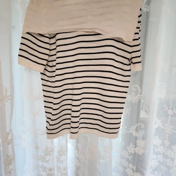 [BUNJANG] Striped Knit Cardigan Top / 줄무늬 반팔 니트 가디건 스타일