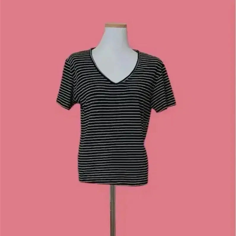 [BUNJANG] Striped V-Neck Short Sleeve T-Shirt / 줄무늬 브이넥 반팔티셔츠