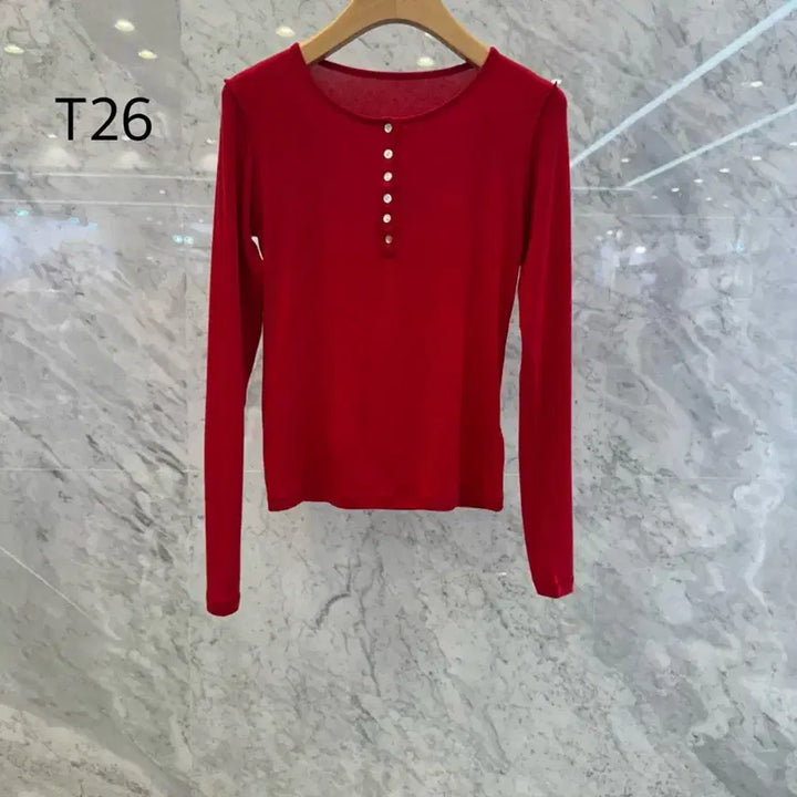 [BUNJANG] Js New York Style Round Button Long Sleeve Shirt / js뉴욕스타일신상 라운드 단추 기본 긴팔 티