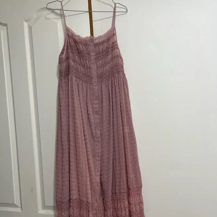 [BUNJANG] Thursday Island Pink Smocked Long Dress / 써스데이 아일랜드 핑크 롱 원피스 캉캉 스모크