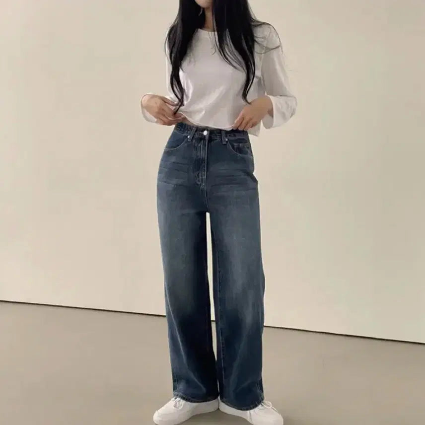 [BUNJANG] High-Waist Wide-Leg Jeans / [중청] 하이웨스트 일자 와이드 청바지 데님팬츠